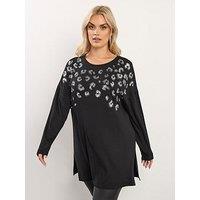 Yours Curve Leopard Sequin Top - Black