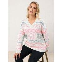 Yours Curve Soft Fairisle V Neck Jumper - White