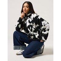 Pixiegirl Petite Cow Print Zip Through Borg Jacket - Black