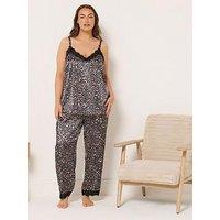 Yours Curve Animal Satin Lace Cami Pj Set - Animal Print