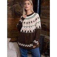 Yours Curve Fairisle Scandi Jumper - Brown
