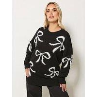 Yours Curve Fluffy Bow Jumper - Black