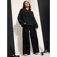 Pixiegirl Petite Tie Neck Crinkle Crochet Top - Black