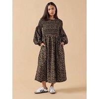 Pixiegirl Petite Animal Puff Sleeve Shirred Maxi Dress - Brown