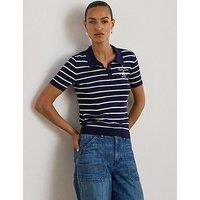 Lauren By Ralph Lauren Natrissa Short Sleeve Striped Cotton-Blend Polo Jumper - Navy