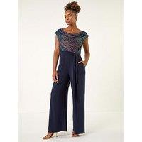 Roman Sequin Bodice Cowl Neck Jumpsuit - Navy