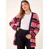 Roman Fluffy Stripe Knit Cardigan - Pink