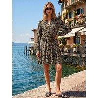 Roman Floral Print Button Stretch Dress - Green