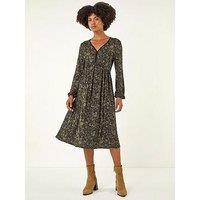 Roman Floral Print V-Neck Stretch Midi Dress - Khaki