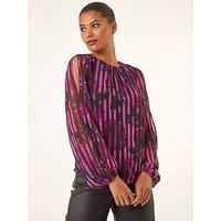 Roman Strip Print Mesh Overlay Top - Pink