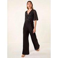 Roman Sequin Flutter Sleeve Stretch Jumpsuit - Black