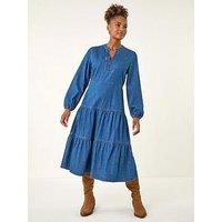 Roman Cotton Denim Tiered Midi Dress - Denim