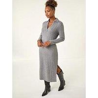 Roman Collar Ribbed Knit Mid Dress - Grey