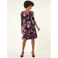 Roman Floral Print Gathered Stretch Midi Dress - Magenta