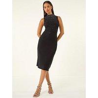 Roman Dusk Embellished Knit Midi Dress - Black