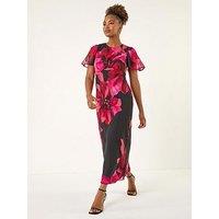 Roman Floral Print Flutter Sleeve Midi Dress - Black