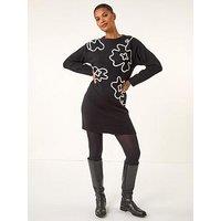 Roman Floral Motif Knit Dress - Black