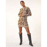 Roman Animal Print Knitted Shift Dress - Tan