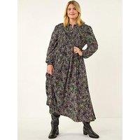 Roman Curve Abstract Print Shirred Midi Dress - Purple