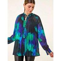 Roman Watercolour Tie Neck Pleated Blouse - Blue