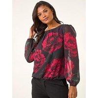 Roman Floral Print Sequin Top - Red