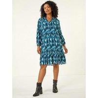 Roman Petite Ikat Print Tiered Hem Dress - Teal