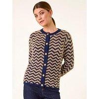 Roman Fluffy Stripe Knit Cardigan - Navy