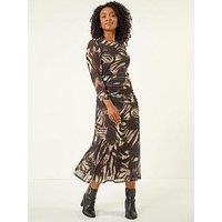 Roman Petite Animal Print Mesh Ruched Midi Dress - Black