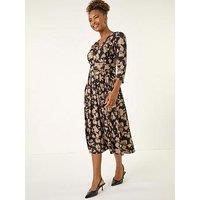 Roman Abstract Floral Print Wrap Midi Dress - Taupe