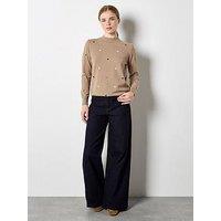 Apricot Embroidered Heart Fine Knit Mock Neck Jumper - Beige