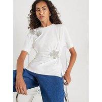 River Island Short Sleeve Diamante Floral Cinched T-Shirt - White