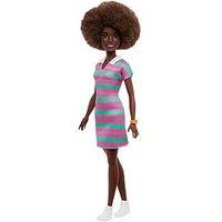Barbie Fashionistas Doll #247 With Pink And Green Striped Dress - Curly Black Hair
