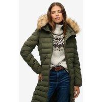 Superdry Fuji Faux Fur Hooded Longline - Beetle Green