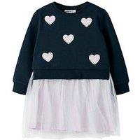 Name It Mini Girls Heart Applique Long Sleeve Tulle Sweat Dress - Navy