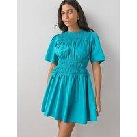 The Very Collection Cotton Shirred Short Sleeve Mini Dress - Blue