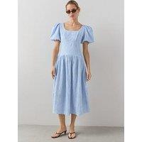 The Very Collection Textured Curve Seam Puff Sleeve Midi Dress - Blue