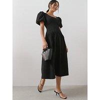 The Very Collection Textured Curve Seam Puff Sleeve Midi Dress - Black
