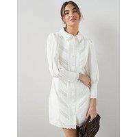The Very Collection Broderie Insert Shirt Mini Dress - White