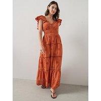 The Very Collection Embellished Frill Sleeve Ladder Midaxi Dress - Brown