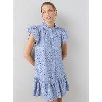 The Very Collection Broderie High Neck Button Mini Dress - Blue
