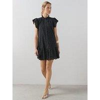 The Very Collection Broderie High Neck Button Mini Dress - Black