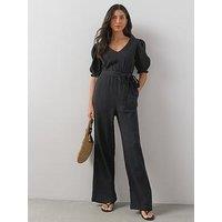 The Very Collection Cheese Cloth Puff Sleeve Belted Jumpsuit - Black