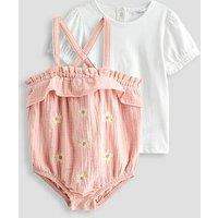 The Very Collection Baby Girl Cheesecloth Romper With Embroidery Set - Pink