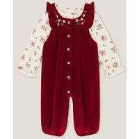 Monsoon Baby Girls Christmas Velour Embroidered Dungaree - Red