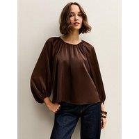 New Look Brown Satin Gathered Crop Sleeve Blouse