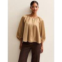 New Look Gold Satin Gathered Crop Sleeve Blouse