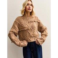 New Look Camel Multi-Knit Fringed Jumper