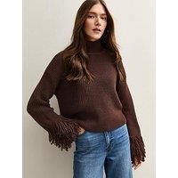 New Look Dark Brown Looped Fringe Cuff Jumper