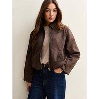 New Look Faux Suede Bubblehem Bomber Jacket - Brown