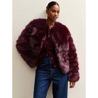 New Look Panelled Faux Fur Jacket - Burgundy